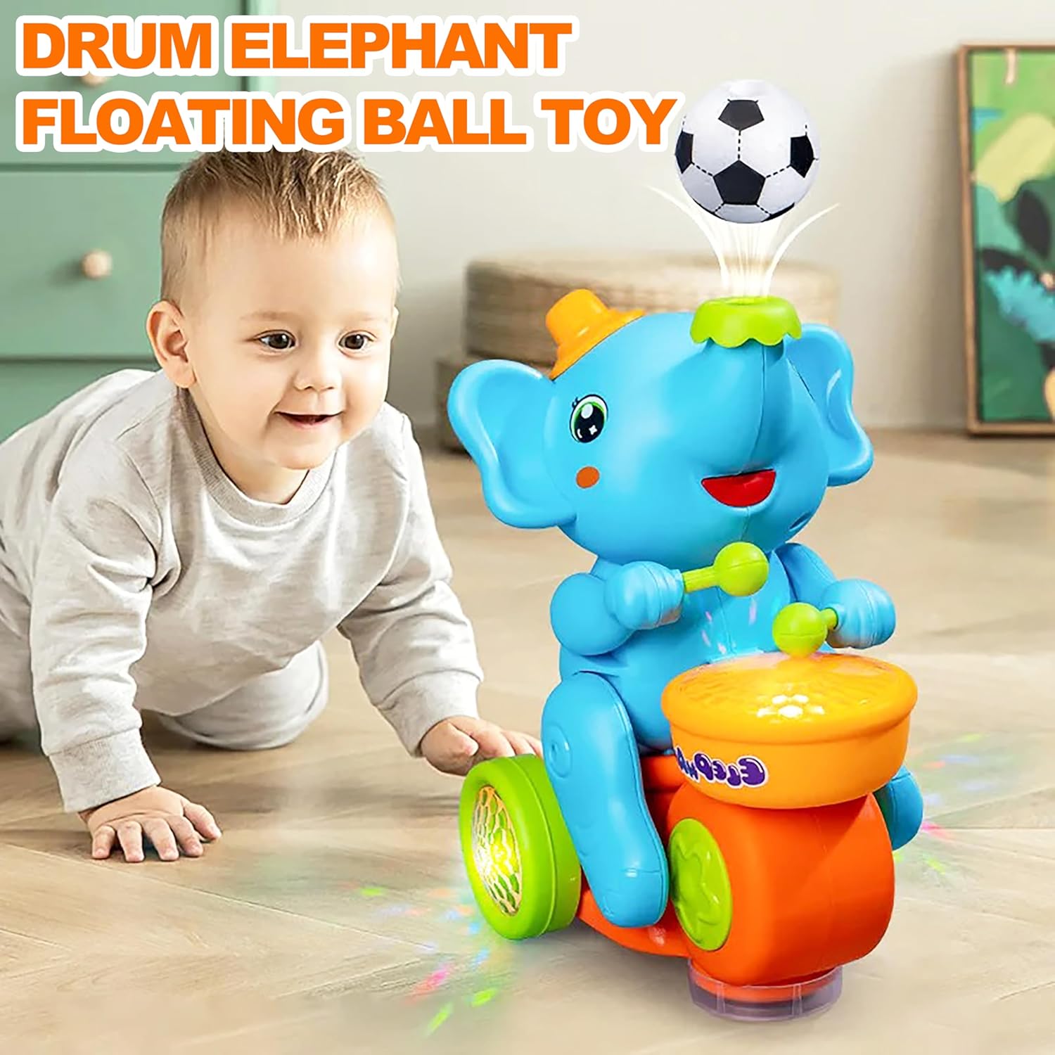 Drummer Elephant Levitating Ball Toy for Kids with Flashing LED Lights and Music