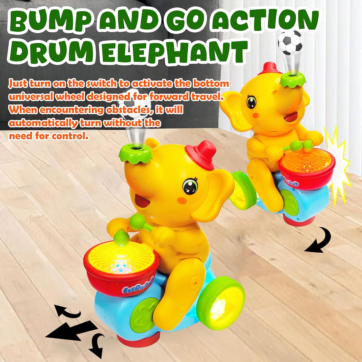Drummer Elephant Levitating Ball Toy for Kids with Flashing LED Lights and Music